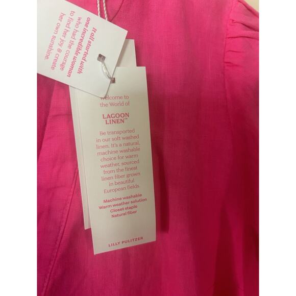 $138 NWT Lilly Pulitzer 100% Linen Hot Pink Barbie Short Puff Sleeve Blouse Sz 8 - Picture 11 of 12